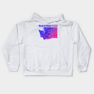 Colorful mandala art map of Washington with text in blue and violet Kids Hoodie